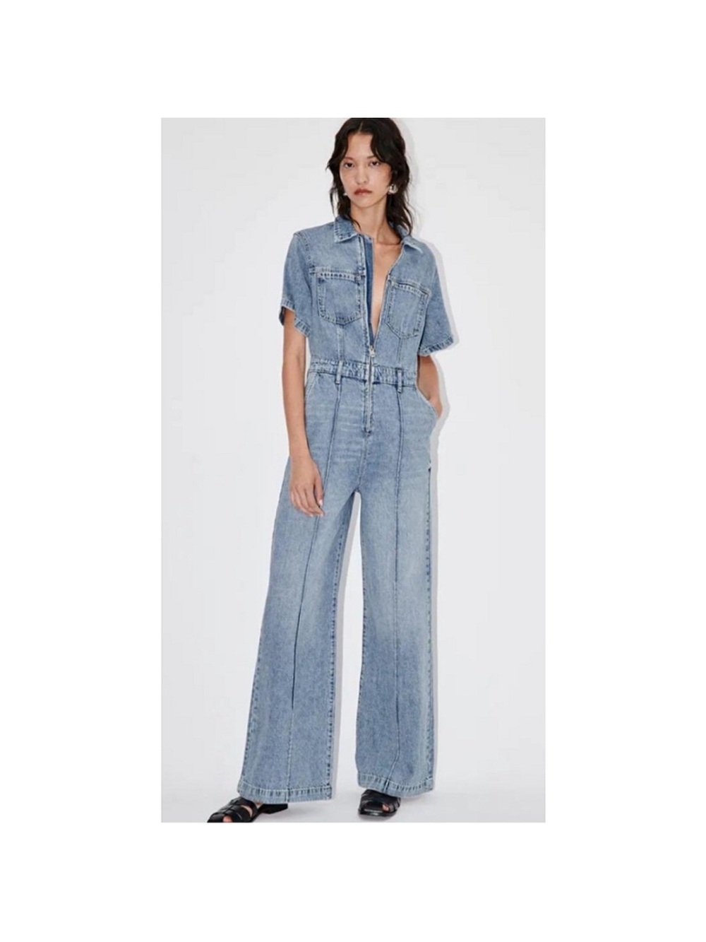 Zara Light Blue Denim Jumpsuit with Wide Legs